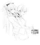  alternate_costume bad_id bad_pixiv_id casual cooking die_(die0118) food greyscale hug hug_from_behind looking_at_viewer mahou_shoujo_madoka_magica monochrome mouth_hold multiple_girls pocky sakura_kyouko simple_background sketch tomoe_mami yuri 