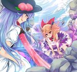  battle blue_hair brown_eyes brown_hair cloud cloudy_sky duel eye_contact food fruit hat hinanawi_tenshi horns ibuki_suika long_hair looking_at_another multiple_girls peach red_eyes rimu_(kingyo_origin) rock shirt skirt sky sleeveless sleeveless_shirt smile sword_of_hisou touhou very_long_hair 