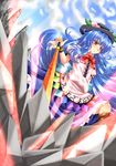  archienemy blue_hair boots hat hinanawi_tenshi long_hair red_eyes solo sword_of_hisou touhou 