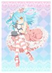  :3 alternate_costume aqua_background argyle argyle_background blue_hair bow cat dress eiyuu_densetsu frills full_body gloves hair_ribbon long_hair pantyhose pink_bow pink_dress pink_legwear ribbon saru solo striped striped_legwear tio_plato twintails two_side_up yellow_eyes zero_no_kiseki 