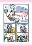  &gt;_&lt; :3 akita_neru aqua_hair blonde_hair blue_hair bow chibi_miku chips closed_eyes comic detached_sleeves eating food hair_bow hat hatsune_miku headphones kiyone_suzu long_hair minami_(colorful_palette) multiple_girls necktie pocky side_ponytail skirt vocaloid |_| 