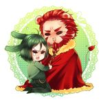  akamenashi animal_ears bangs beard bunny_ears bunny_tail chibi extra_ears eyebrows facial_hair fate/zero fate_(series) green_hair kemonomimi_mode lion_ears lion_tail lionboy male_focus multiple_boys parted_bangs red_hair rider_(fate/zero) tail tears waver_velvet 