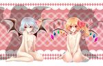  bad_id bad_pixiv_id barefoot bat_wings blonde_hair blue_hair collarbone flandre_scarlet flat_chest hair_ribbon highres kurosawa_itsuki multiple_girls navel nipples no_hat no_headwear open_mouth red_eyes remilia_scarlet ribbon siblings side_ponytail simple_background sitting touhou v_arms wariza wings 