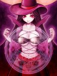  akayukihime black_hair breasts cape dodecagram dress hat large_breasts long_hair mabinogi magic_circle no_nose pale_skin purple purple_background red_eyes smile solo underboob witch_hat 