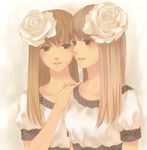  ame_(conronca) brown_hair flower green_eyes long_hair multiple_girls original polka_dot rose siblings sisters smile twins white_flower white_rose 