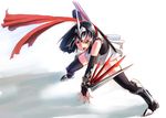  bad_id bad_pixiv_id black_hair costume gen_2_pokemon homura_subaru personification pokemon red_scarf scabbard scarf shadow sheath simple_background skarmory solo thighhighs weapon white_background yellow_eyes 