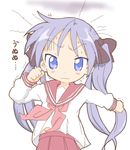  anger_vein bad_id bad_pixiv_id blush_stickers bow brown_bow clenched_hands core_(mayomayo) eyebrows_visible_through_hair hair_bow hiiragi_kagami long_sleeves looking_at_viewer lowres lucky_star neckerchief pink_neckwear pleated_skirt purple_eyes purple_hair red_skirt running school_uniform serafuku skirt solo trembling tsurime twintails wavy_mouth 