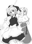  :d alice_margatroid apron asagi_jun back-to-back broom capelet dress greyscale hat holding kirisame_marisa long_hair looking_at_viewer monochrome multiple_girls open_mouth puffy_short_sleeves puffy_sleeves short_hair short_sleeves simple_background smile touhou waist_apron white_background witch_hat 