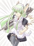  doll_joints green_eyes green_hair gun karakuri_chachamaru long_hair mahou_sensei_negima! maid masakichi_(crossroad) robot_ears solo thighhighs weapon 