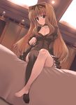  asymmetrical_clothes bandaid bandaid_on_knee barefoot bed blonde_hair breasts brown_eyes cleavage dutch_angle feet highres kusugawa_sasara large_breasts long_hair single_thighhigh sitting solo suzume_inui thighhighs to_heart_2 