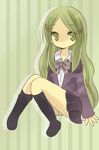  black_legwear black_skirt green_eyes green_hair kimidori_emiri kneehighs long_sleeves looking_at_viewer lowres miniskirt panties pantyshot pantyshot_(sitting) pleated_skirt simple_background sitting skirt solo striped striped_background suzumiya_haruhi_no_yuuutsu underwear white_panties 