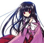  black_hair blouse blush bow bowtie capura_lin closed_mouth expressionless houraisan_kaguya long_hair long_sleeves looking_at_viewer lowres red_eyes red_skirt sitting skirt solo touhou very_long_hair white_bow white_neckwear yokozuwari 