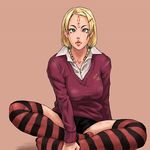  braid breasts copyright_request indian_style large_breasts lips sitting solo st-retcher striped striped_legwear thighhighs twin_braids 