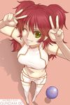  bad_haro freckles gundam gundam_00 haro kannagi_kaname midriff nena_trinity one_eye_closed red_hair shorts solo thighhighs v yellow_eyes 