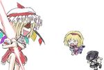 alice_margatroid artist_request blonde_hair blush crystal dress energy_sword flandre_scarlet flying hairband hat holding holding_weapon kirisame_marisa looking_back lowres multiple_girls no_eyes red_dress shaded_face short_hair sword touhou weapon wings witch_hat 