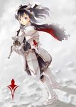  armor blue_eyes boots cape copyright_request fantasy gauntlets kakuno solo sword torn_clothes warrior weapon 