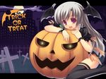  artist_request bat_wings copyright_request cross graveyard halloween head_wings jack-o'-lantern latin_cross long_hair pumpkin red_eyes silver_hair solo thighhighs tombstone trick_or_treat wings 