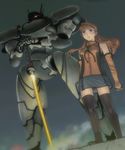  blue_eyes brown_hair itou_(onsoku_tassha) mecha original sky smoke solo star thighhighs zettai_ryouiki 