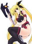  bardiche blonde_hair fate_testarossa kamogawa_tanuki long_hair lowres lyrical_nanoha mahou_shoujo_lyrical_nanoha_strikers solo thighhighs twintails very_long_hair 