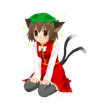  animal_ears black_legwear brown_eyes brown_hair cat_ears cat_tail chen earrings hat jewelry multiple_tails saliva short_hair solo tail thighhighs touhou yuuki_(ashitahare) 