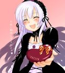  artist_request blush box closed_eyes gift heart-shaped_box holding holding_gift incoming_gift rozen_maiden smile solo suigintou translation_request valentine 