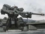  building cloud copyright_request gun itou_(onsoku_tassha) mecha no_humans railing scenery sky water weapon 