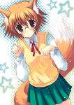  :&lt; animal_ears blush brown_eyes fox_ears fox_tail glasses kyougoku_shin orange_hair paw_pose school_uniform skirt solo tail to_heart_2 yamada_michiru 