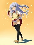  blue_hair copyright_request food okina_ika panties pocky school_uniform solo striped striped_panties thighhighs underwear yellow_eyes 