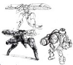  bad_pixiv_id big_daddy bioshock bioshock_1 crossover greyscale lowres mecha metal_gear_(series) metal_gear_ray metal_gear_solid_2 monochrome no_humans sketch volo 