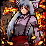  armlet bangs buttons closed_mouth collared_shirt cowboy_shot expressionless fire flame fujiwara_no_mokou long_sleeves looking_at_viewer lowres pants red_eyes shirt silver_hair solo standing suspenders touhou 