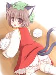  animal_ears bloomers brown_hair cat_ears cat_tail chen earrings hat jewelry kedama multiple_tails ry short_hair solo tail touhou underwear white_bloomers 