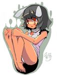  anda_inmu animal_ears bare_legs barefoot black_hair bunny_ears carrot inaba_tewi panties pantyshot red_eyes solo touhou underwear 