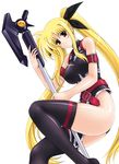  bardiche belt blonde_hair bodysuit buckle fate_testarossa hammer hips holding holding_weapon kamogawa_tanuki leotard long_hair looking_at_viewer lyrical_nanoha mahou_shoujo_lyrical_nanoha_strikers sidelocks simple_background skin_tight solo thighhighs thighs twintails very_long_hair weapon white_background 