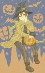  androgynous artist_request beige_coat black_footwear black_hair black_pants coat hat hat_ornament kino kino_no_tabi looking_at_viewer pants pumpkin reverse_trap scarf shoes short_hair sitting smile solo witch_hat 