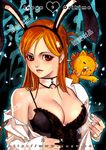  animal_ears bleach blood blush breasts bunny_ears bunnysuit cleavage inoue_orihime kon large_breasts long_hair nosebleed orange_eyes orange_hair sayo_tanku solo stuffed_animal stuffed_lion stuffed_toy undressing 