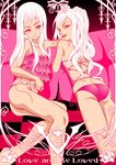  albino ass bad_id bad_pixiv_id bare_shoulders checkered copyright_request dimples_of_venus lingerie long_hair lying multiple_girls on_side panties pillow red_eyes side-tie_panties smile tamawo underwear undressing white_hair 