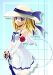 aqua_background blonde_hair bow closed_umbrella copyright_request detached_sleeves dress green_eyes hat hat_bow long_hair looking_at_viewer nose_shade see-through solo standing sun_hat umbrella wakaba white_dress 