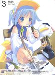  ah-kun blue_hair drawing drink drinking_straw energy_drink eraser fisheye foreshortening highres ink ink_bottle moetan nib_pen_(object) pastel_ink pen pencil pop queen's_blade queen's_gate solo 