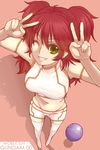  bad_haro bad_id bad_pixiv_id double_v freckles gundam gundam_00 haro kannagi_kaname midriff nena_trinity one_eye_closed red_hair shorts solo thighhighs v yellow_eyes 