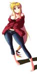  bare_shoulders barefoot blonde_hair breast_grab breasts casual choker cleavage curvy denim fate_testarossa feet grabbing jeans large_breasts long_hair low-tied_long_hair lyrical_nanoha mahou_shoujo_lyrical_nanoha_strikers nekomamire panties pants red_eyes solo underwear very_long_hair 