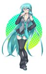  alternate_hairstyle aqua_hair bad_id bad_pixiv_id bespectacled breasts cleavage eyebrows_visible_through_hair glasses hair_down hand_on_hip hatsune_miku hattori_masaki highres long_hair medium_breasts red-framed_eyewear solo thighhighs very_long_hair vocaloid 