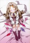  bed brown_hair closed_eyes code_geass highres long_hair miyashita_miki nunnally_lamperouge origami paper_crane school_uniform sitting socks solo 