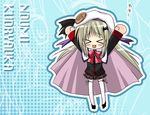  &gt;_&lt; :3 bow buttons cape closed_eyes fang hat hayashi_sakura large_buttons little_busters! long_hair noumi_kudryavka pink_bow plaid plaid_skirt school_uniform silver_hair skirt solo thighhighs x3 
