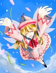  :d \o/ ^_^ arms_up artist_request blonde_hair blush closed_eyes dress foreshortening hat lily_white long_hair open_mouth outstretched_arms petals smile solo spring_(season) tears touhou wings 