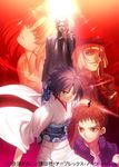  3boys araya_souren black_hair blonde_hair blue_eyes cornelius_alba enjou_tomoe gloves hat japanese_clothes kara_no_kyoukai katana kimono long_hair multiple_boys multiple_girls obi official_art red_hair ryougi_shiki sash shirazumi_lio short_hair sword takeuchi_takashi top_hat weapon 