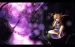  bare_legs barefoot blonde_hair bow brown_hair chain gourd hair_bow horns ibuki_suika letterboxed long_hair mashayuki purple scenery sitting solo touhou water 