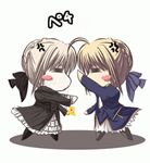  animated animated_gif artoria_pendragon_(all) catfight chibi dress dual_persona duel fate/stay_night fate_(series) fighting gothic_lolita lolita_fashion lowres multiple_girls pantyhose saber saber_alter 