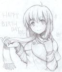  aouma bad_id bad_pixiv_id bob_cut hagiwara_yukiho happy_birthday highres idolmaster idolmaster_(classic) monochrome scarf smile solo traditional_media 