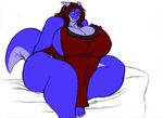  big_breasts big_thighs blue blue_eyes breasts chubby claws dragon female hair horn nightgown obese overweight ryuakira smile solo tail thick_thighs voluptuous 