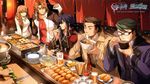  2012 4boys alcohol alex_dudley ao_no_kiseki arios_maclaine beer bowl brown_hair cecil_neues chopsticks eating eiyuu_densetsu enami_katsumi feast food food_stand glasses guy_bannings highres holding holding_bowl holding_chopsticks inarizushi jacket multiple_boys noodles oden ramen sergei_lou smile sushi zero_no_kiseki 